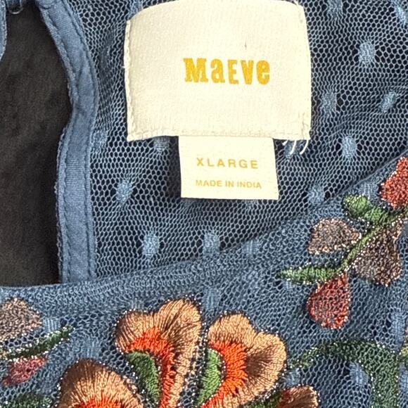 Maeve Anthropologie Blue Sheer Swiss Dot Embroidered Floral Dress XL Boho - Picture 9 of 10